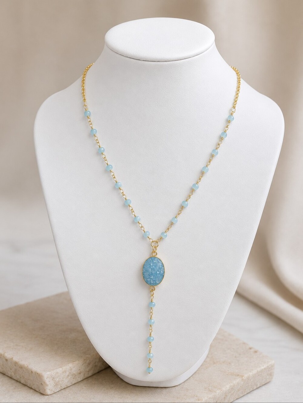 Blue Chalcedony Druzy Pendant Necklace 24K Gold Plated Adjustable 18-20 Inch